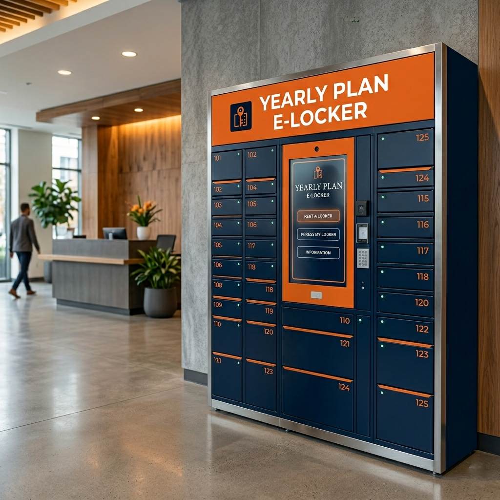 Yearly Plan E-Locker in a modern lobby with numerous numbered blue compartments and an orange top panel and touchscreen center.