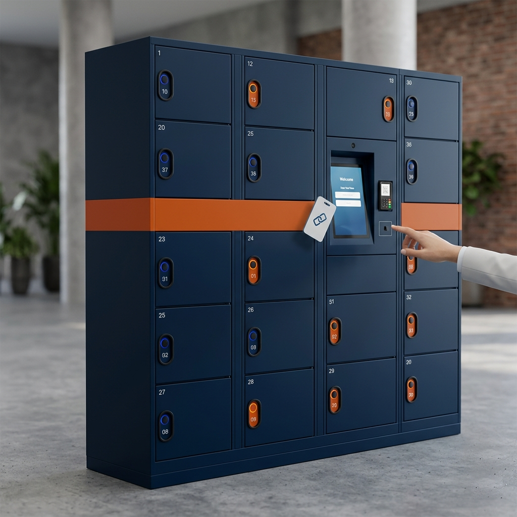 Blue parcel locker system with orange stripe; user taps touchscreen to retrieve a package with a card.
