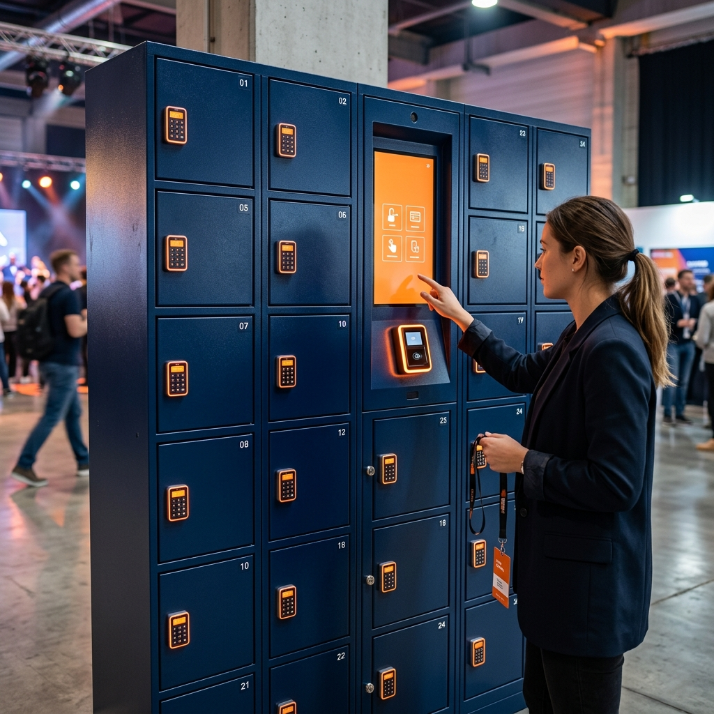 Woman taps an orange touchscreen on a row of blue self-service lockers at a convention.