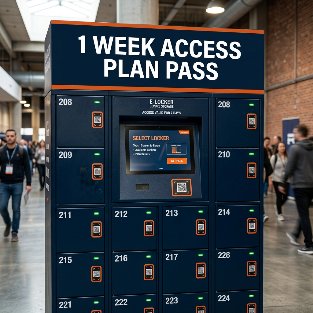 Blue locker unit with '1 WEEK ACCESS PLAN PASS' banner; center touchscreen kiosk and numbered lockers (208–224) with orange scan pads, in a busy indoor venue.