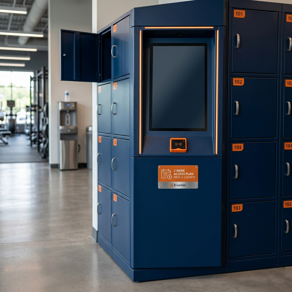 Blue self‑service locker kiosk with a large touchscreen in a fitness center.Orange-accented lockers surround the unit, labeled with numbers.