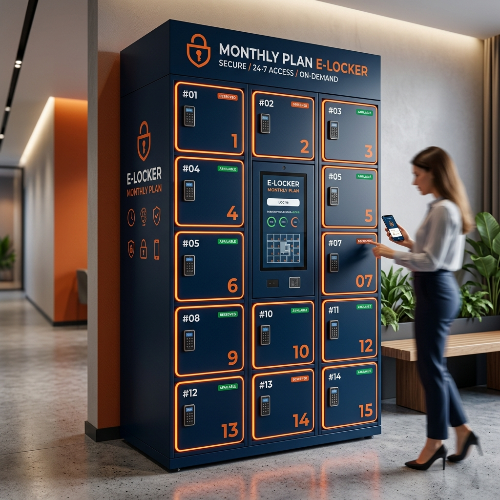 Blue E-Locker wall with 15 numbered lockers for a monthly plan; a woman nearby using her phone to access a locker.