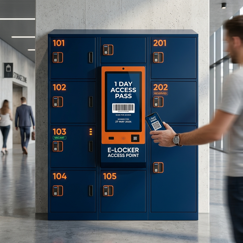 Blue locker bank with orange-bordered E‑LOCKER ACCESS POINT in the center displaying a 1 DAY ACCESS PASS. A person taps a card on the right side panel.